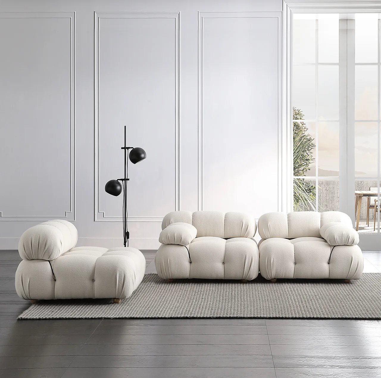Maßgefertigtes Creme-Teddy-Stoff Modulares Sofa in Jeder Größe Kombinierbare Module Hochelastische Latex-Schaumfüllung Nordisches Minimalistisches Wohnzimmer-Sofa