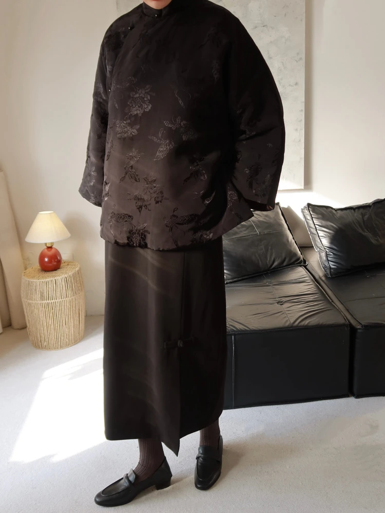 

Женская утепленная хлопковая куртка TAORAN с воротником-стойкой, черная, в стиле ретро, национальный стиль, осень-зима, для чайной церемонии, новинка