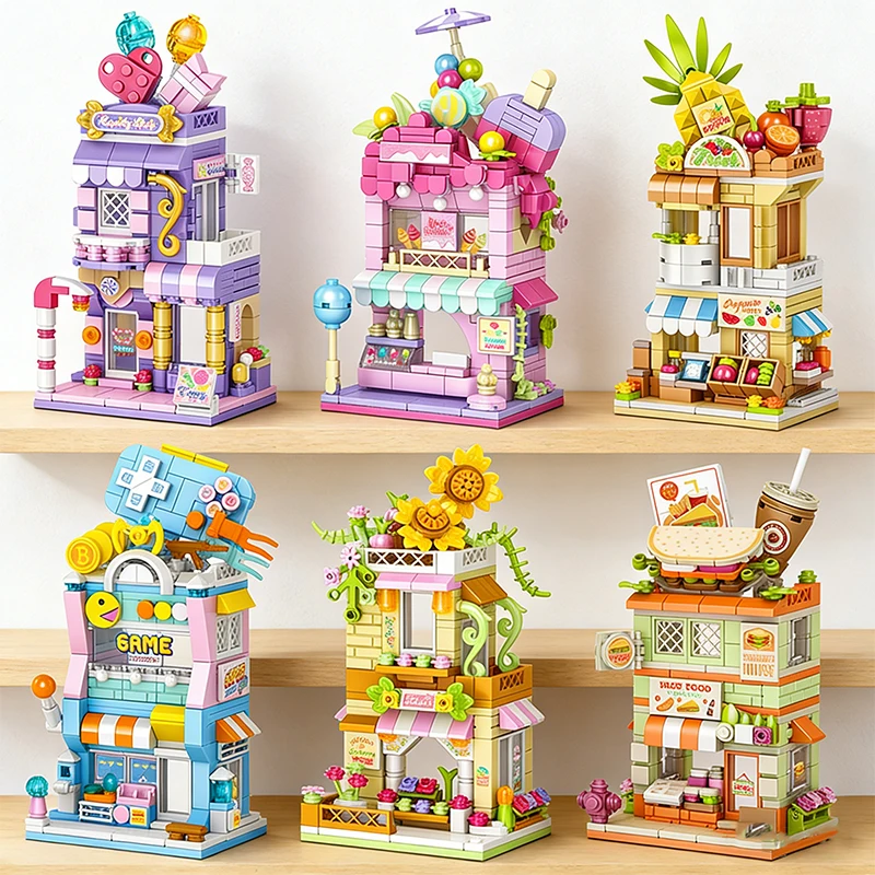 

City Street View Building Block Set DIY Ice Cream Coffee Flower Shop Model Building Toy Ideal for Home Decor and Holiday Gifts