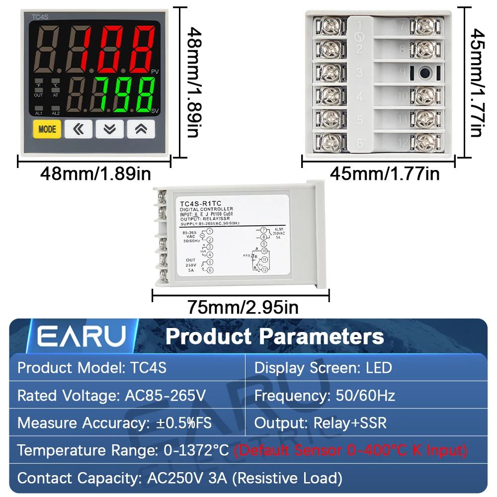 EARU Digital PID Programmable Temperature Controller Thermostat SSR Relay Voltage Output with SSR-40DA K Thermocouple Sensor Kit