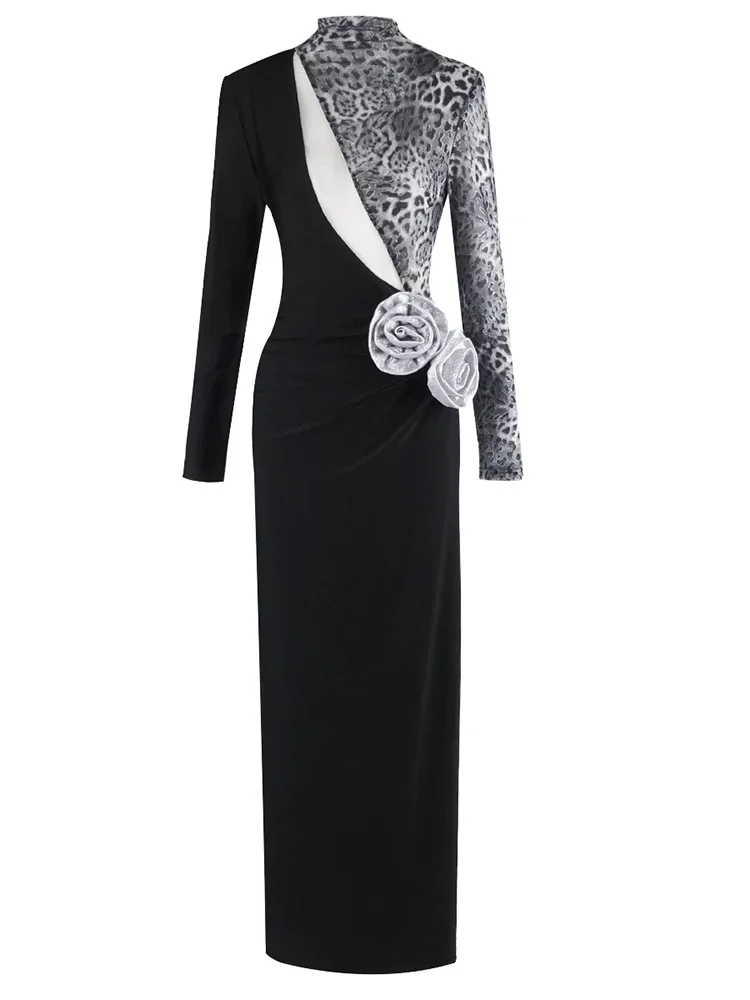 Sexy Lange Ärmel Leopard Patchwork Blume Langes Kleid Frauen Schwarz Ausschnitt Diamanten Dünne Kleider Abend Party Kleider