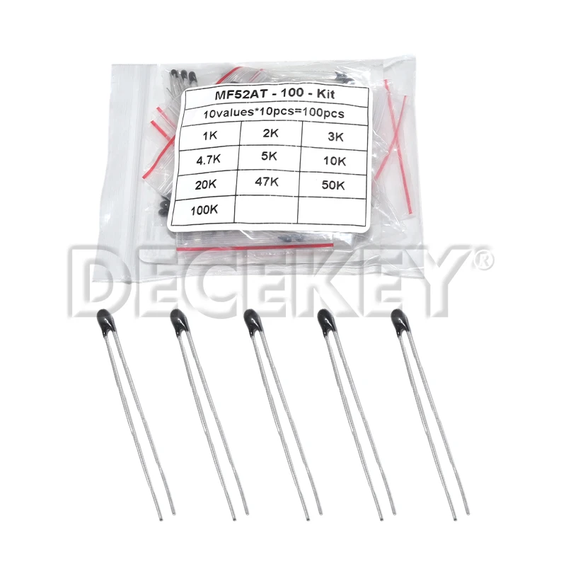 Kit de 100 Termistores NTC (10 valores x 10 unidades) NTC-MF52AT 1K 2K 3K 4.7K 5K 10K 20K 47K 50K 100K ±5% 3950B