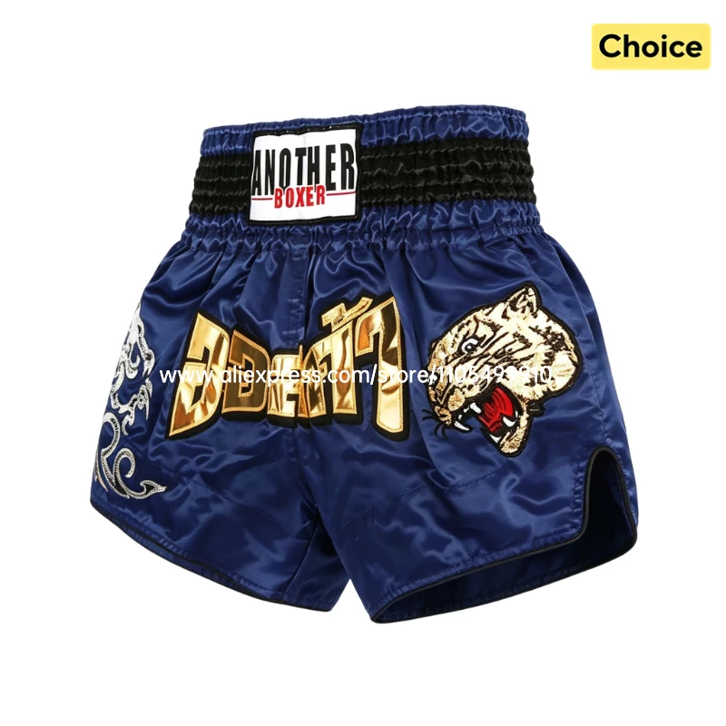 Tiger Muay Thai Shorts Embroidery Boxing Shorts Satin Kickboxing Fight Wear Men Women Kids MMA Training Competition Pants Blue