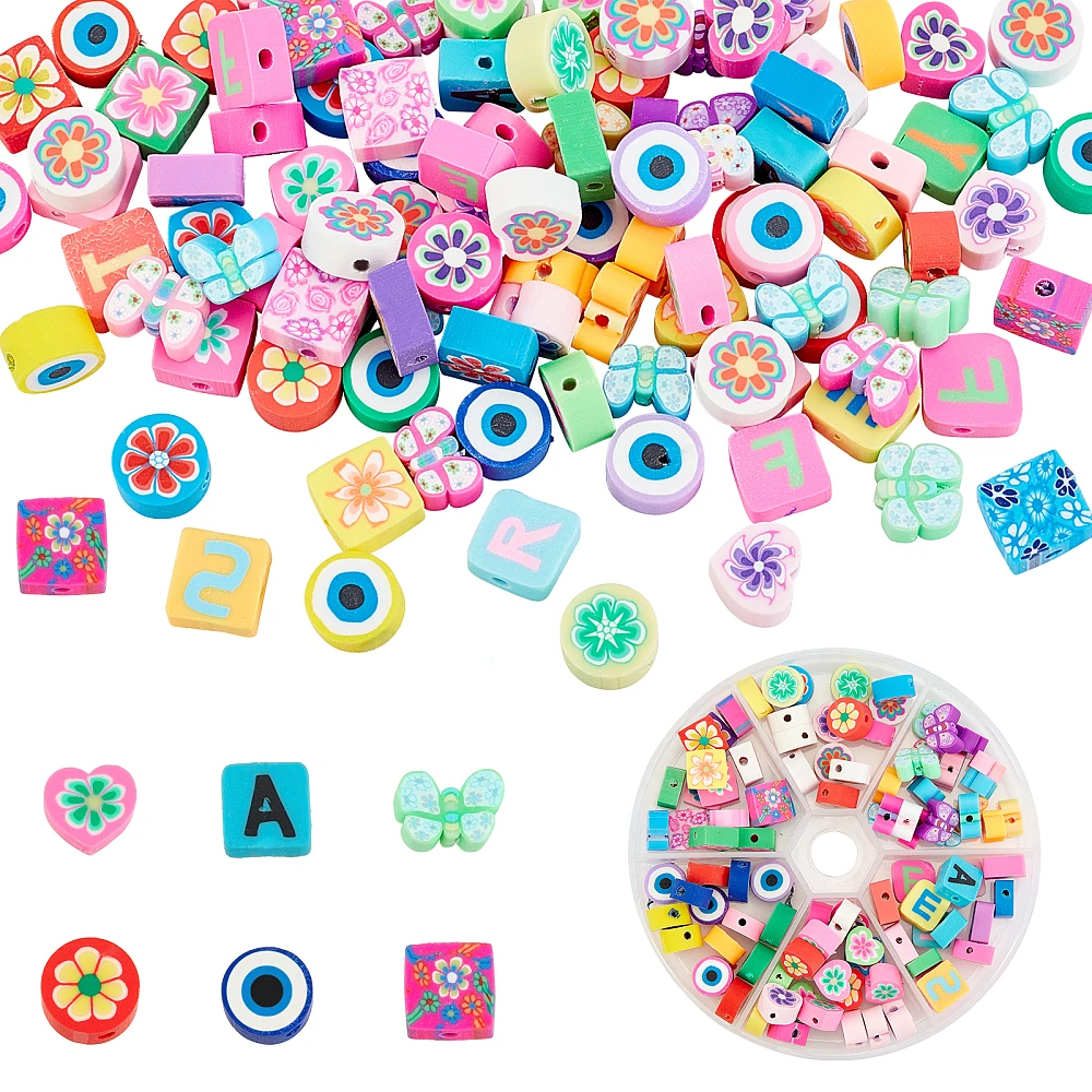 90~120pcs Cute Polymer Clay Beads 6 Styles Flower Eye Letter Butterfly Heishi Beads 3 Shapes Lovely Spacer Beads for Jewelry