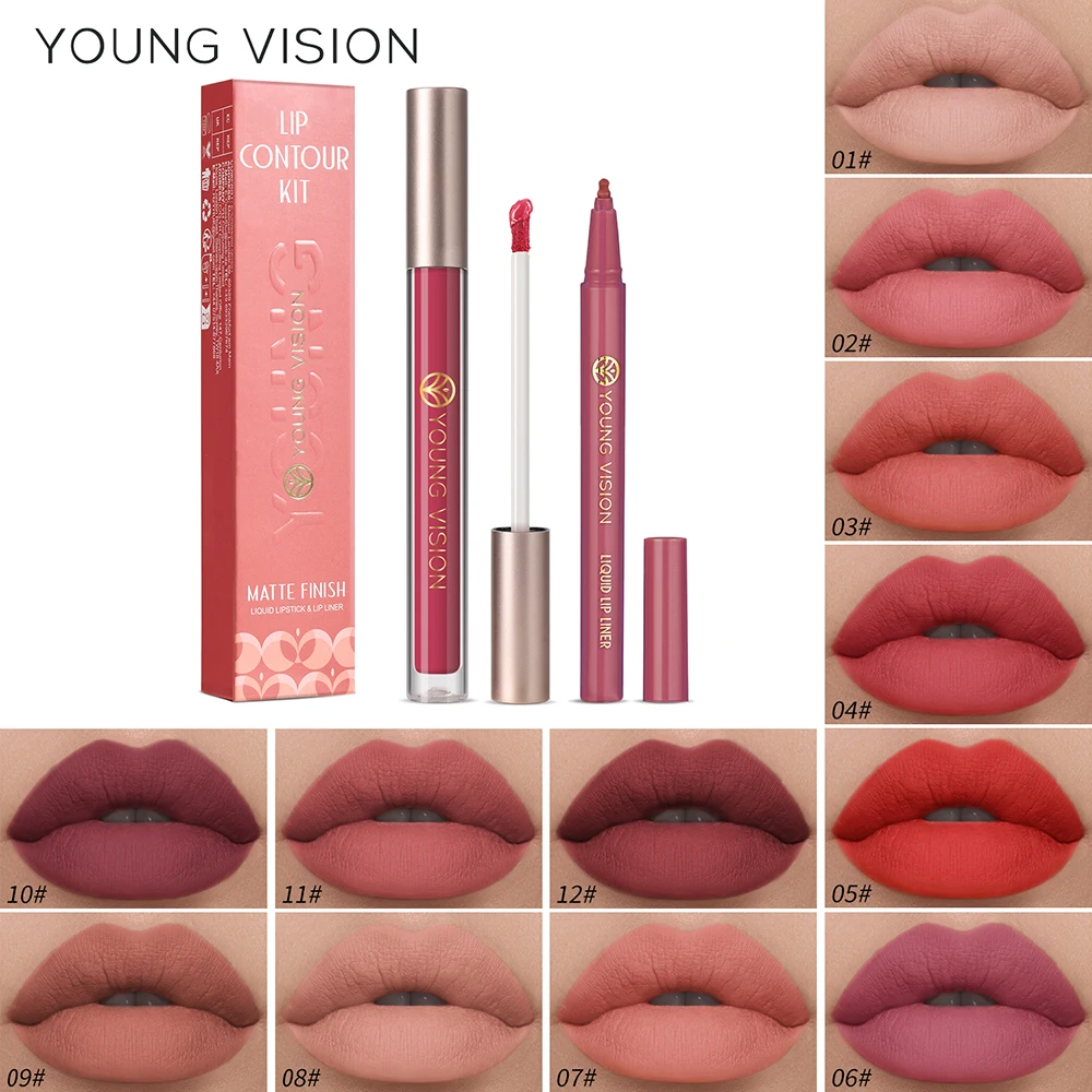 YOUNG VISION リップグレーズ + リップライナーセット リキッドリップライナー 防水ノンスティックカップ 保湿イージーカラー 12色リップグロス