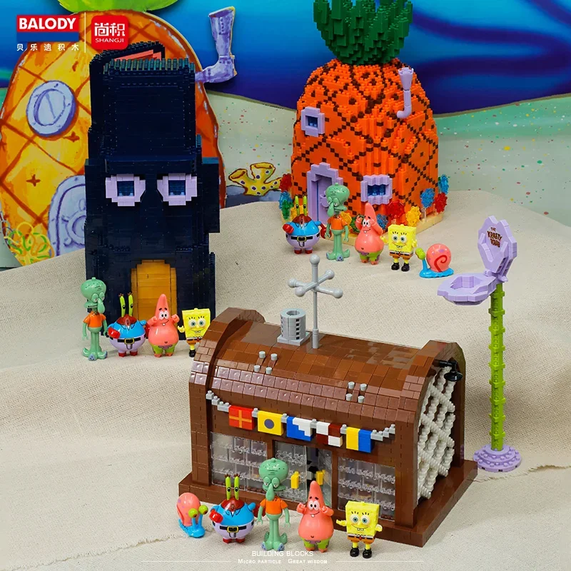 SpongeBob SquarePant Micro Building Blocks Krusty Krab Restaurant Assembly 3D Model Mini Brick Figure Toy For Christmas Gift