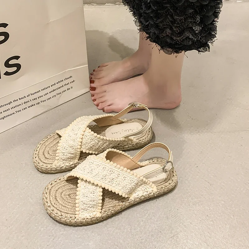 2024 New Comfort Shoes for Women Handmade Sandal Suit Female Beige Tassel Summer Heels Rope Fashion  Black Fringe Low Girls Flat