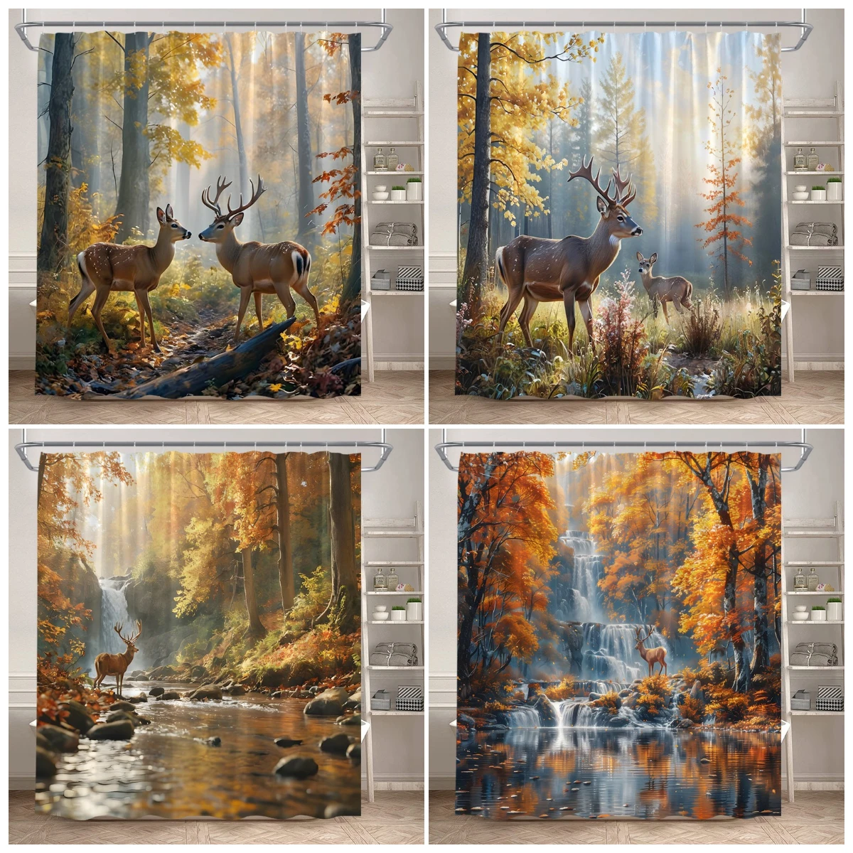 Autumn Forest Elk Shower Curtain Rustic Red Maple Trees Waterfall Wild Animals Fall Landscape Bath Curtains Home Bathroom Decor