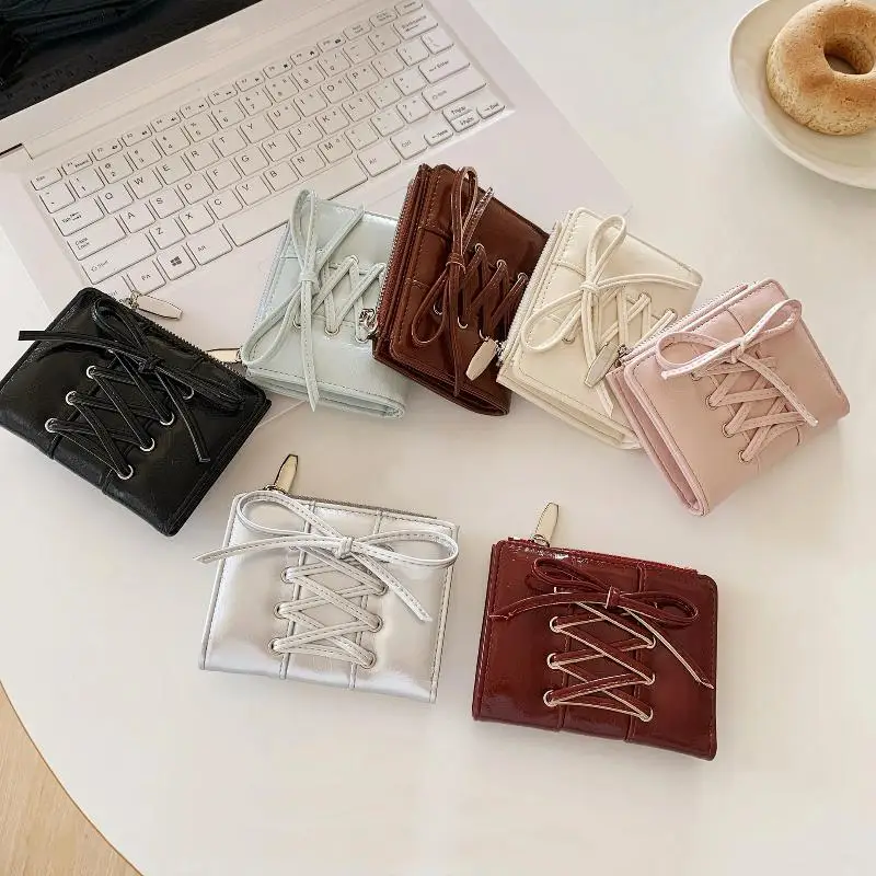 Simple Korean Style Bow Wallet Ultra Thin Short Clutch Card Bag Multi-function Zipper PU Leather Card Holder Travel Coin Purse