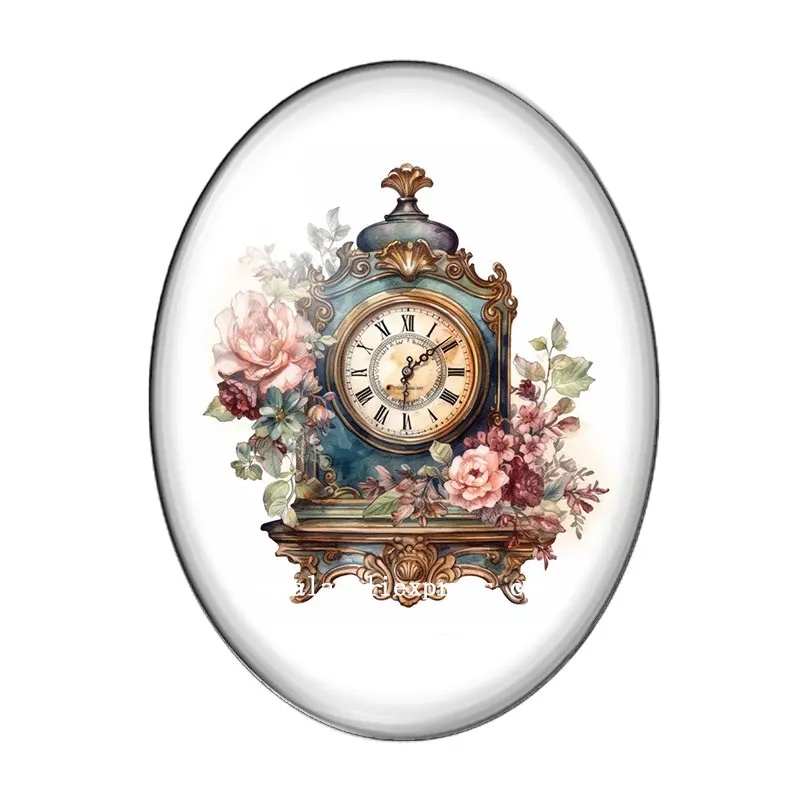 Retro Vintage Flower Wall Clock Patterns 10pcs 13x18mm/18x25mm/30x40mm Oval photo glass cabochon demo flat back Making findings