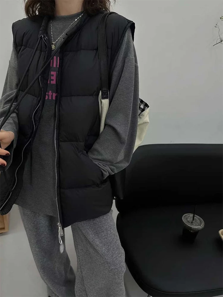 Loose Duck down Vest European Style Drawstring Neck Autumn Winter Women's Fashion Outerwear Short Length Thickened Warm