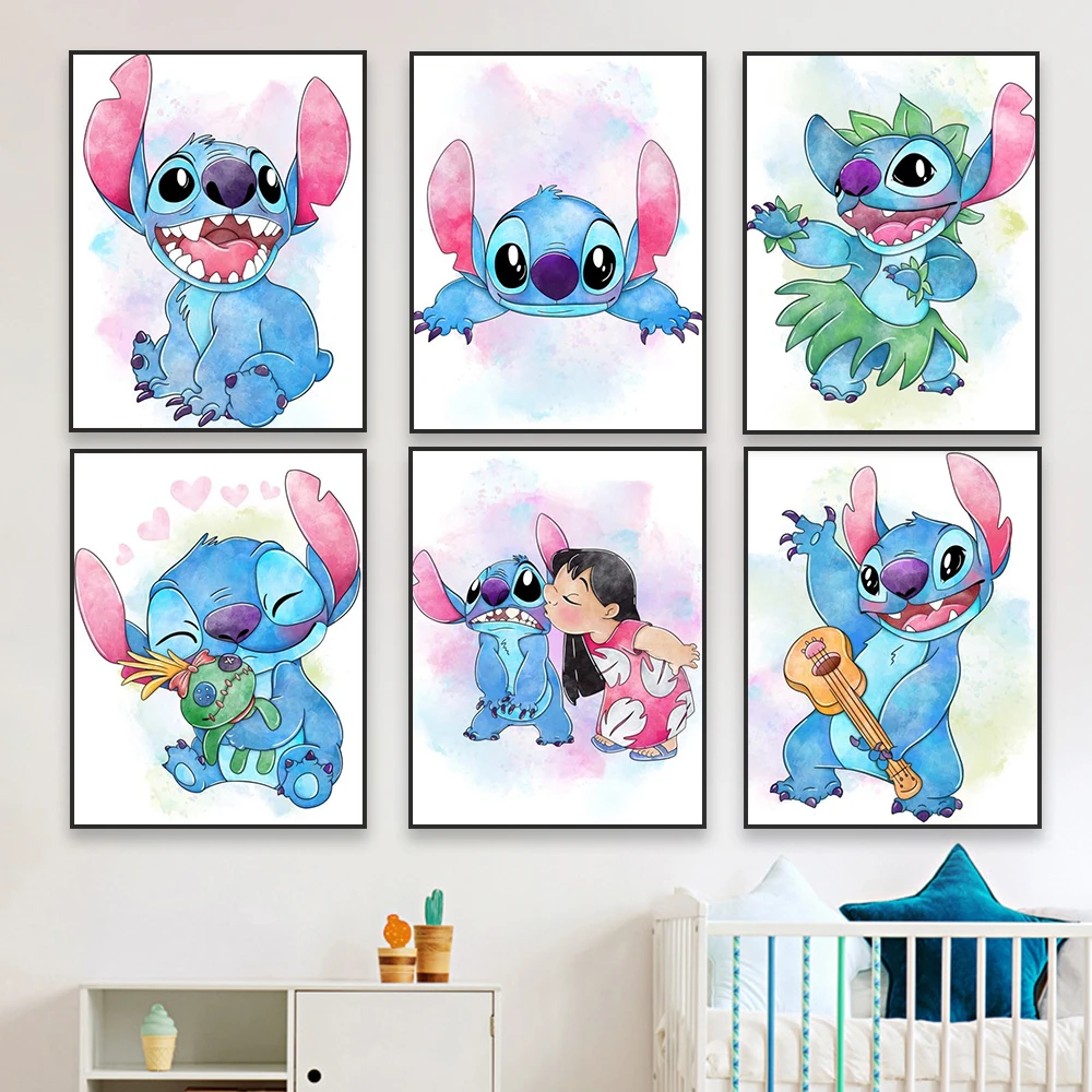 Lilo & Stitch-carteles de acuarela de Disney, arte de pared de Graffiti de Lilo y Stitch, pintura en lienzo, decoración artística de pared para