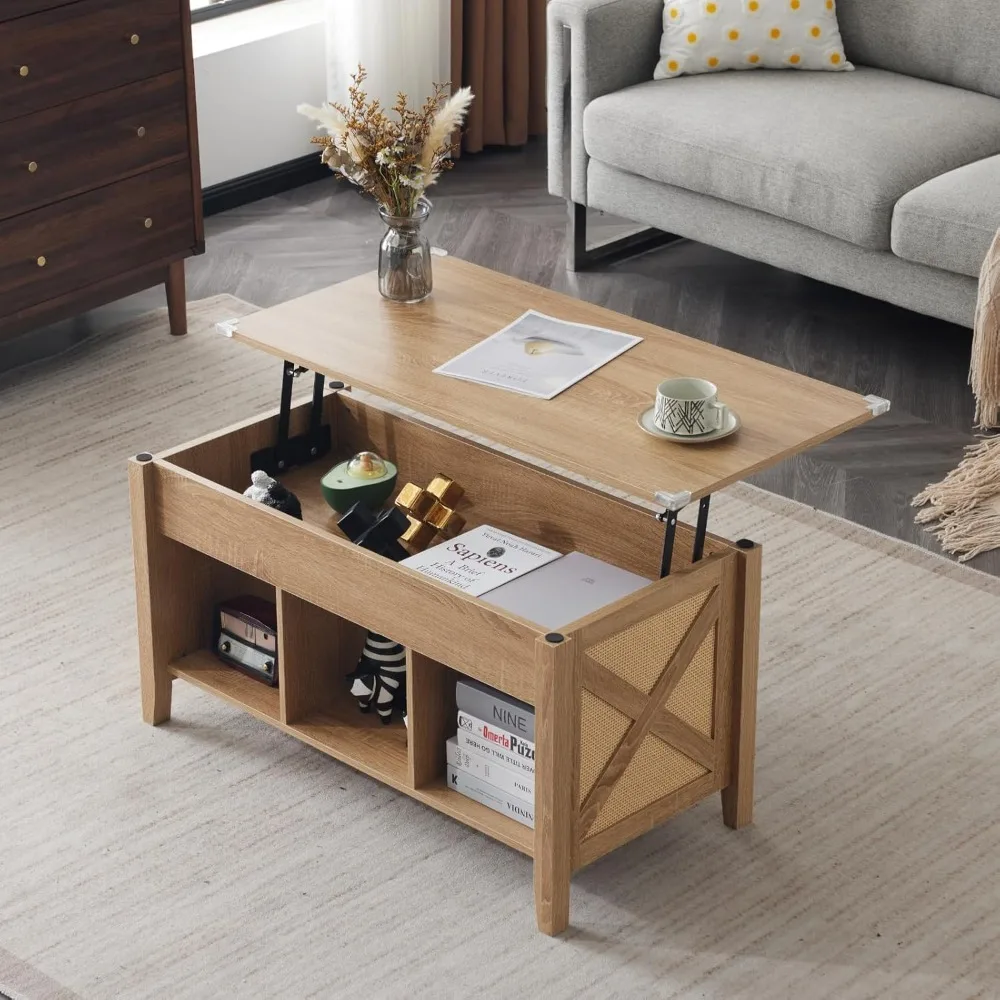 Lift Top Coffee Table, Oak Top with Rattan Frame, Farmhouse Cross-Sided Design, with Storage Shelf/Hidden Compartment, Gas Lift