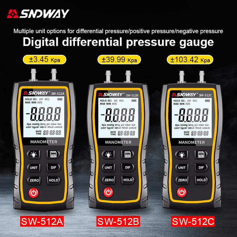 SNDWAY Digital Manometer Air Pressure Gauge Professional Pressure Differential Detector ±103.42 KPa Meter tool kit