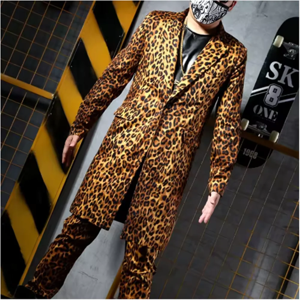 Uomo Jazz Performance Outfit Stampa leopardata Abito casual Cappotto lungo Dj Ds Mc Cantante Costume di scena Maschile Gogo Discoteca Dancewear yk