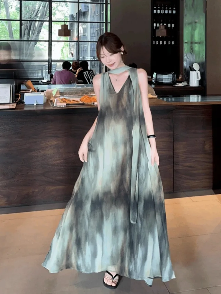 

Korean Style Two Wear Tie Dye Fashion Strap Dress Summer Retro Elegant Loose A Line Long Dress Vacation Outfit for Female New