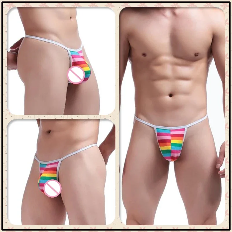 Tanga de cintura baja para hombre, ropa interior Sexy, tanga a rayas de Color sólido, Gay, Mini bragas con parte trasera en T