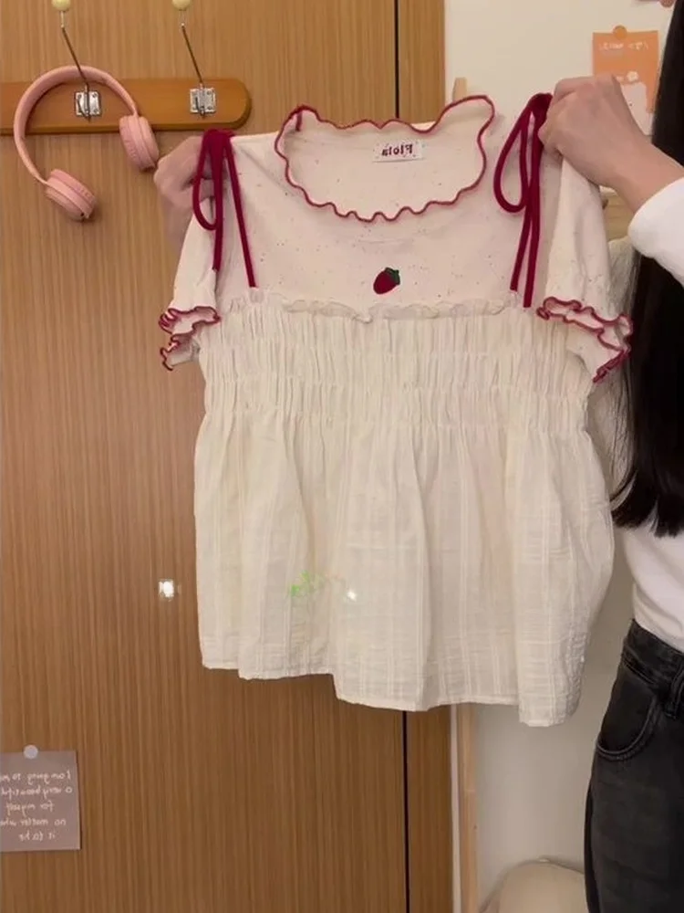 

Милая футболка с вышивкой клубники и эффектом тай-дай, из хлопка, повседневный топ, молодежная модная летняя футболка с креативным мультяшным принтом