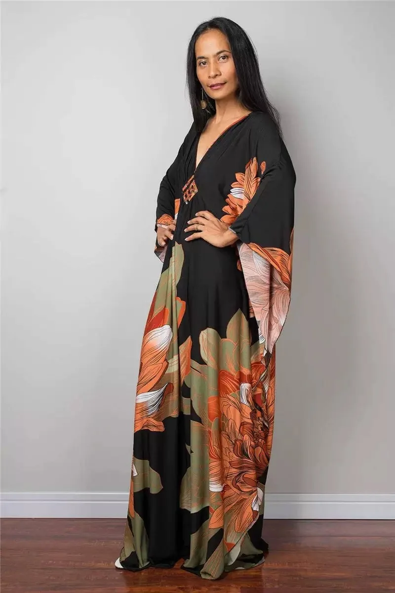 Robe caftan à imprimé Floral pour femmes, manches courtes, Cover-Up pour les maillots de bain, vêtements de détente pour l'été