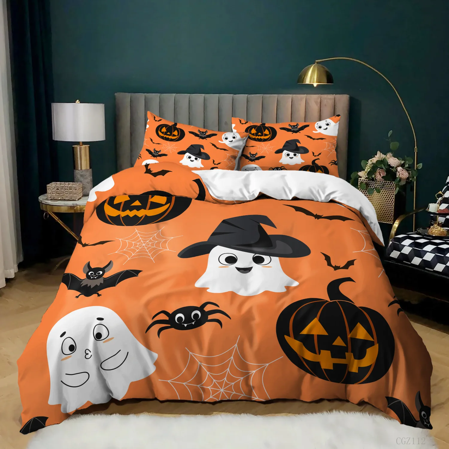 Halloween Bedding Set Gothic Spooky Duvet Cover Pumpkin Lantern Comforter Cover for Kids Boys Bat Spider Web Comforter Cover