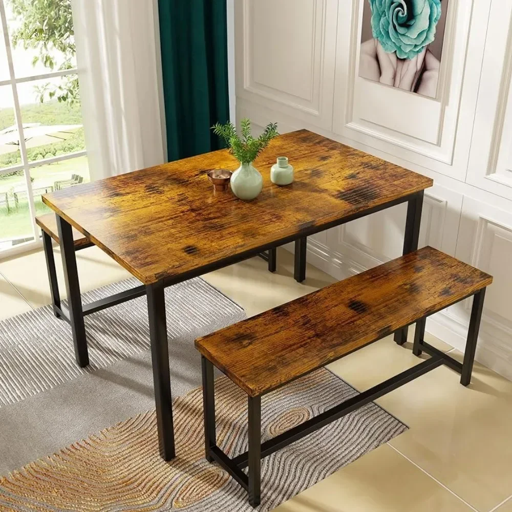 

Dining Room Table Set,Kitchen Table Sets with 2 Benches,Breakfast Tables of 47.2x28.7x28.7 inches Benches ,Brown