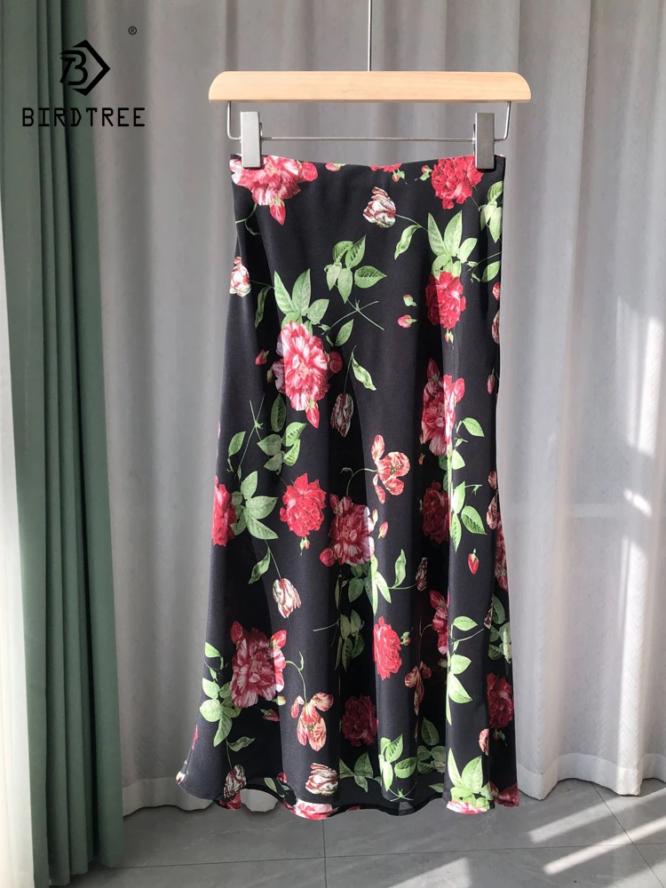 

BirdTree-Women 18MM 100% Silk Elegant Skirt, Elastic Waist Floral Print, American Vintage Party Skirt, 2025 Summer New B55054CC