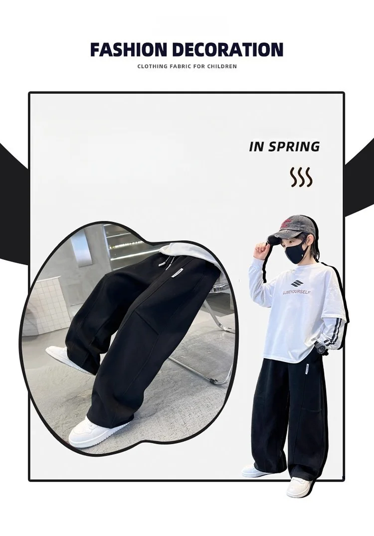 2026 Neue Frühlings-Freizeithose für Kinder, Schwarze Jogginghose mit Elastischem Bund und Geradem Bein für Jungen, Lockere Hose mit Taschen – Detail 2