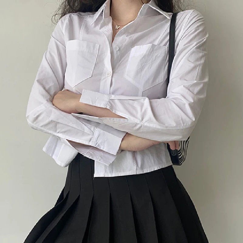 Rimocy White Crop Shirts for Women Korean Fashion Button Up Crop Tops Woman 2024 Spring Summer Long Sleeve Y2K Blouse Ladies