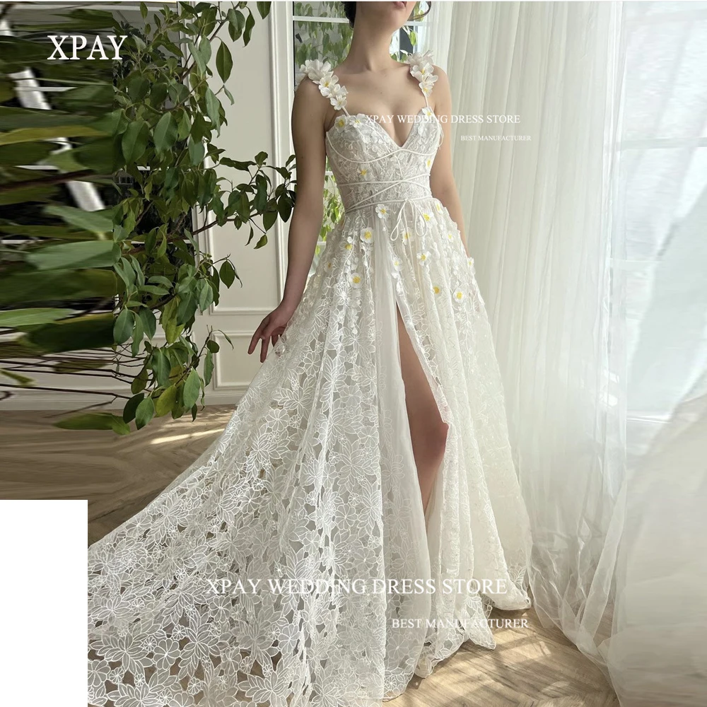 

XPAY 2023 Exquisite A Line Full Lace Wedding Dresses Flowers Spaghetti Straps Sweetheart Split Garden Country Bridal Gowns