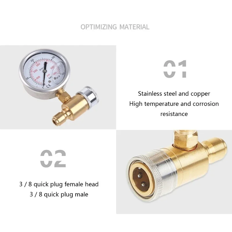 

Stainless Steel- & Brass 5800 PSI-400 BAR Compact Pressure Washer Gauge 3/8 Inch Quick Connect Pressure Gauge for Power Washer