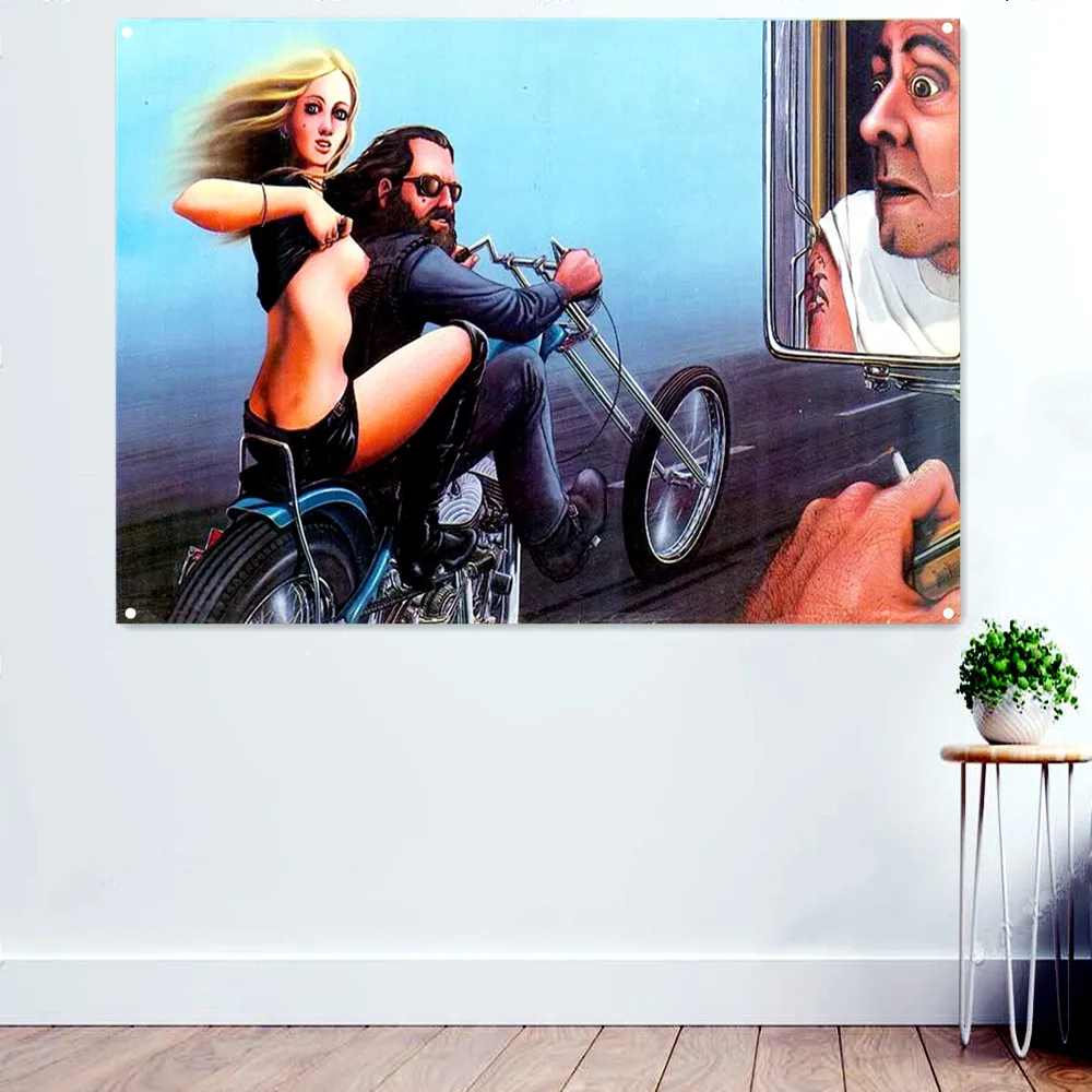

Sexy Babes Motorcycle Rider Wall Art Tapestry Decorative Banners Flag Posters Pub Club Man Cave Bar Garage Wall Decor Painting