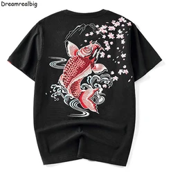 Japan Style Sakura & Koi Fish Embroidery Men Short Sleeve T-Shirt 2024 New O-Neck Mens Casual Summer Tops 100% Cotton