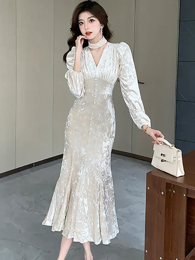 

Women Elegant Festival Evening Dress Autumn Winter Korean Bodycon Party Dress White Velvet Satin Luxury Ruffled Long Dress 2025