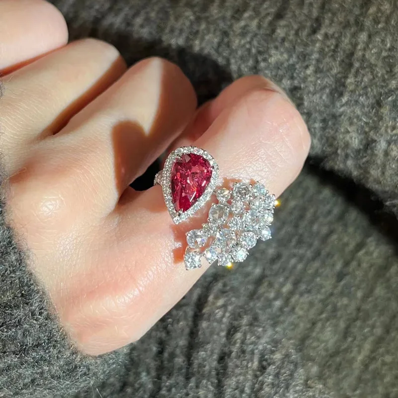 925 sterling silver sparkling gemstone inlaid zircon pigeon blood red open ring for women's high-end light luxury fashion jewelr