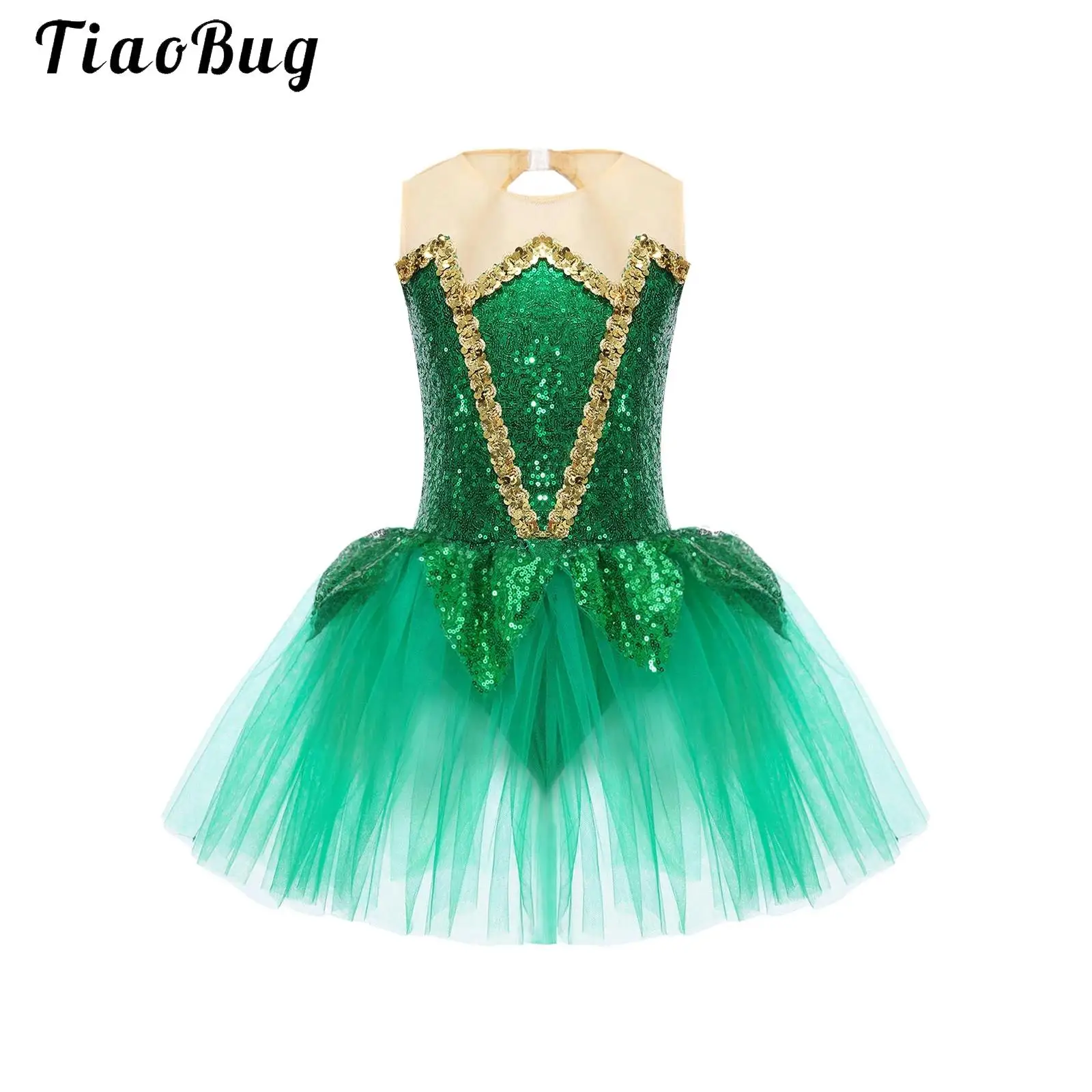 Kids Girls Green Sequins Mesh Tutu Sleeveless Ballet Dance Dress with Wings Set for Halloween Fairy Tale Elf Princess Costume