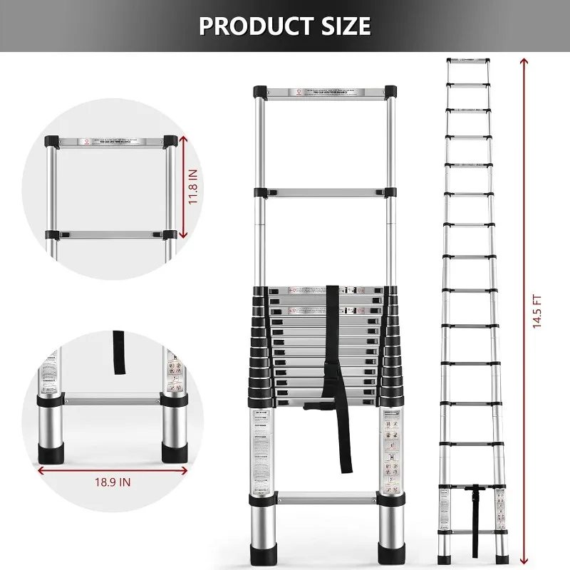 14.5FT / 4.4M Aluminum Telescopic Ladder Folding Step Multi-Use Non-Slip Collapsible Inward Sliding Retraction Extension Ladder