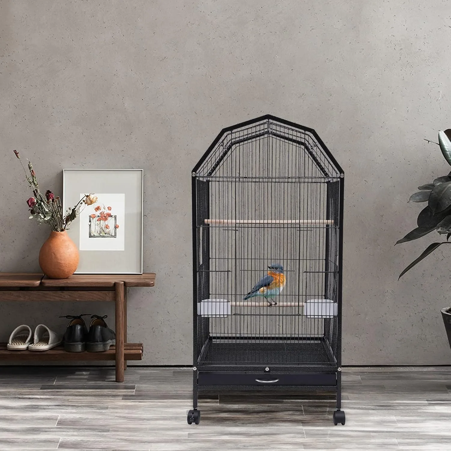 

Bird Cage with Rolling Stand, Pet Bird Flight Cage Parrot Bird Cage with Feeding Cups for Parakeets, Canary, Lovebird, Parrotlet