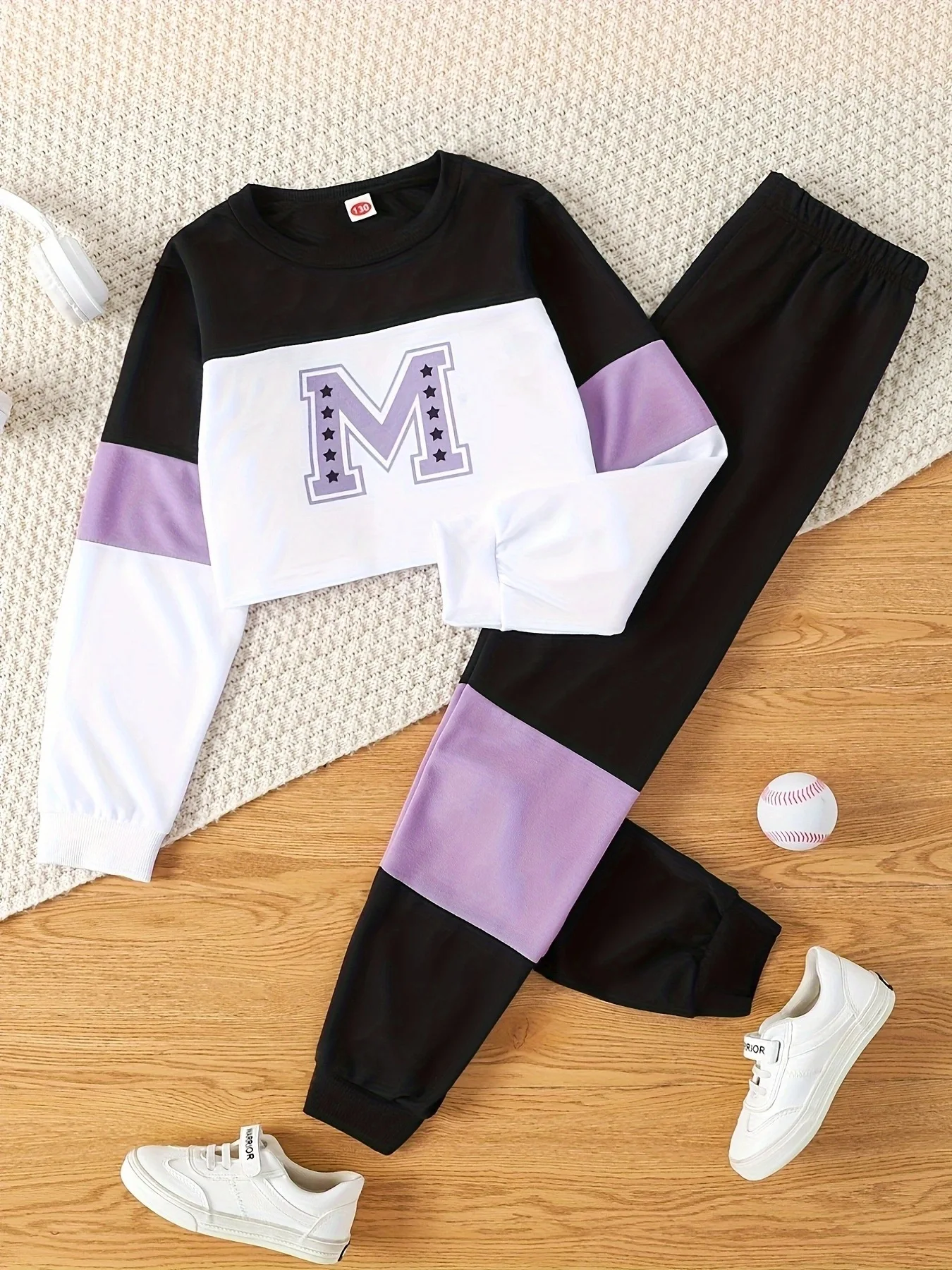 Zhongda Children's and Girls' Spring and Autumn Edition Letter Printed Contrast Splicing Long Sleeve Top+Same Style Contrast Spl