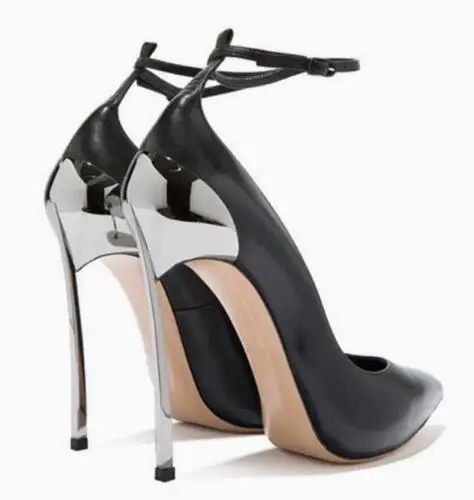 

Black Matte Leather Sliver Metal Blade Thin Heels Patchwork Stiletto Pumps Women Pointed Toe Shallow Ankle Strap Banquet Pumps