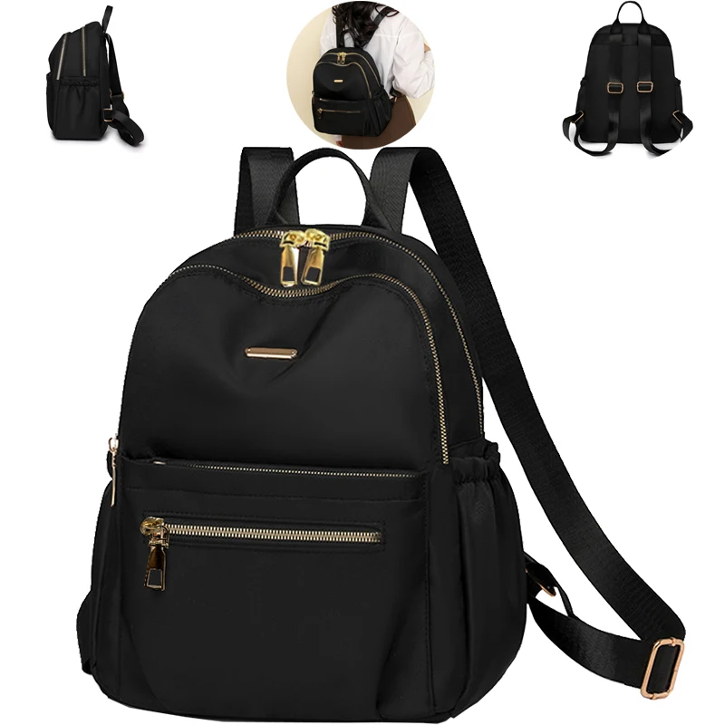 حقيبة ظهر صغيرة من النايلون الأسود مع أجهزة ذهبية، متعددة الأقسام، كاجوال متعددة الاستخدامات، للتنقل اليومي/التسوق، عصرية وعملية #1