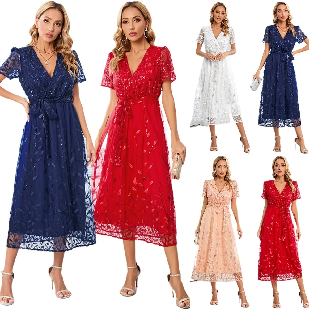 

Elegant Sequined V-neck Formal Dress With Short Sleeves
