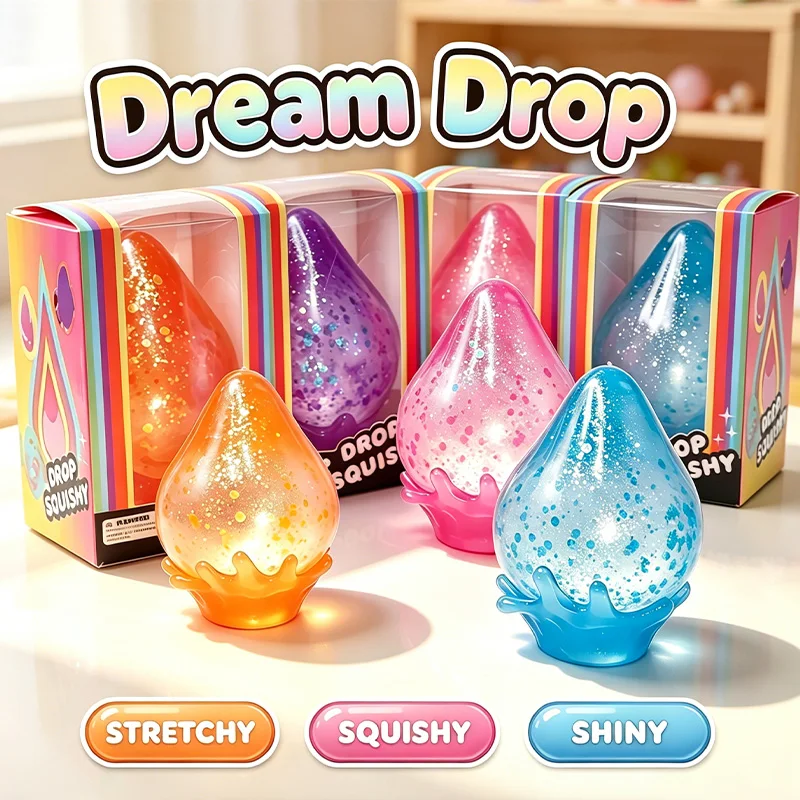 Jouet anti-stress Needoh Dream Drop, transparent avec paillettes, non toxique, pour soulager la pression, doux, moelleux, à remontée lente, pour l'anxiété, pour adultes, jouet de bureau
