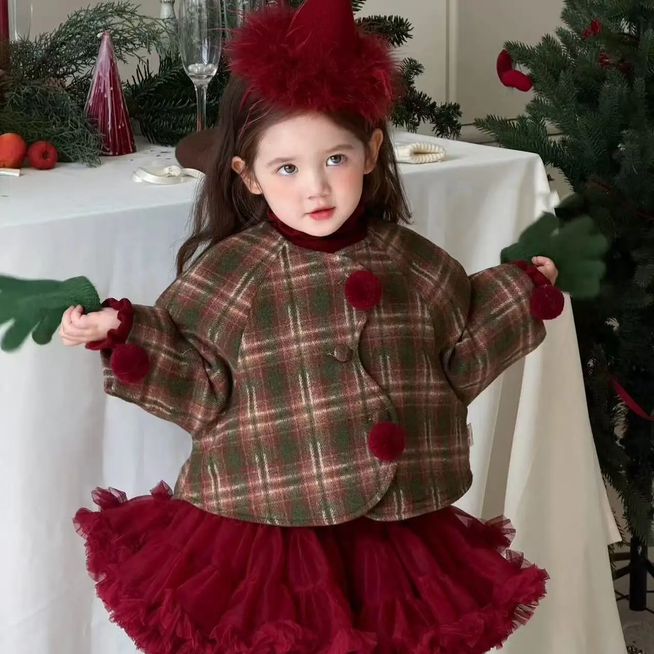 Girls Red Set Autumn Winter New Christmas Checkered Top Wine Red Skirt Set Skirt Fashion and Versatile Simple Daily Routine