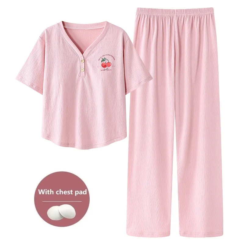 2PCS/Set With Chest Pad Women Pajamas Spring Summer Knit Cotton Sleepwear Cute Print Short Sleeve Pyjamas Female Home Suit M-4XL