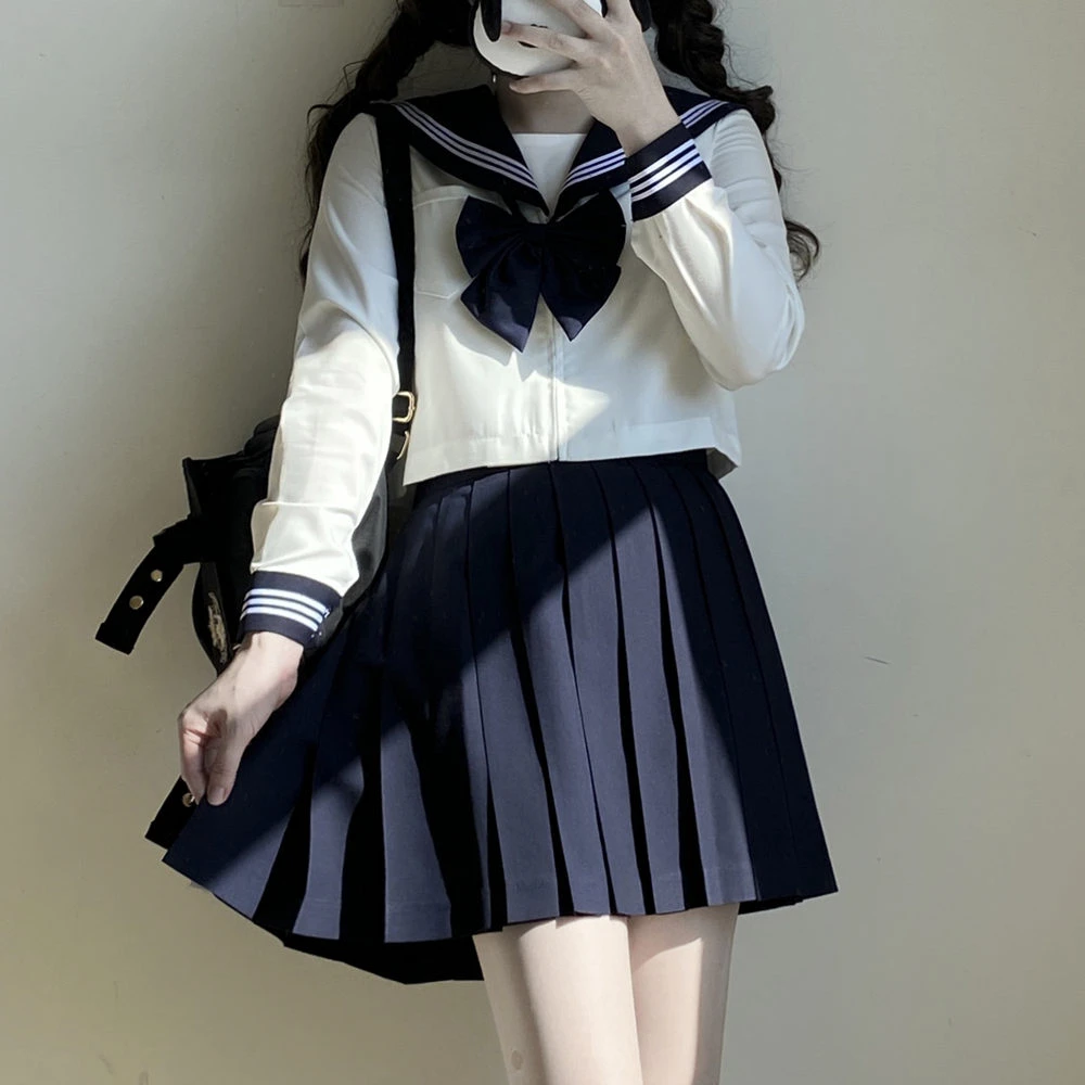 Dames Navy Twee Lijnen Basic Navy Jk Uniform Strik Met Lange Mouwen Japans Schooluniform Matroos Uniform Pak Herfststudenten Cos