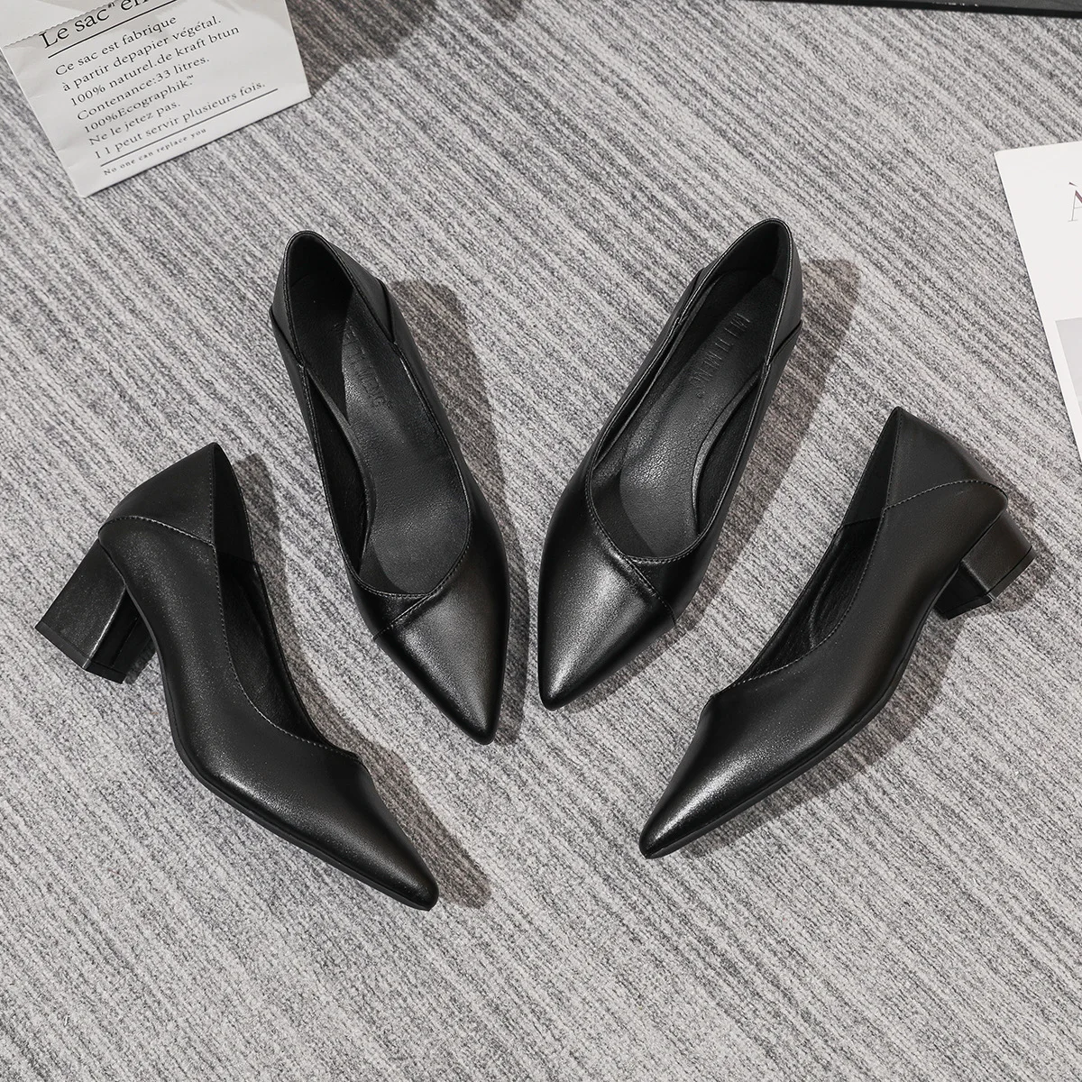 Single shoe women's middle heel 2026 black formal high heels professional flight attendant work shoes shallow mouth