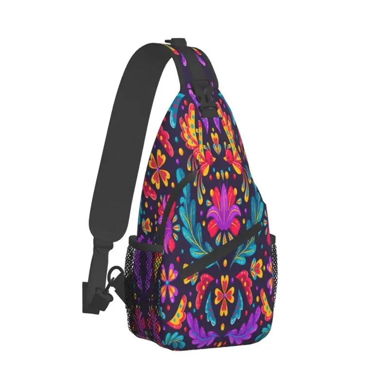 Mexico Otomi Embroidery Pattern Sling Crossbody Chest Bag Men Casual Mexican Folk Flower Art Shoulder Backpack for Hiking