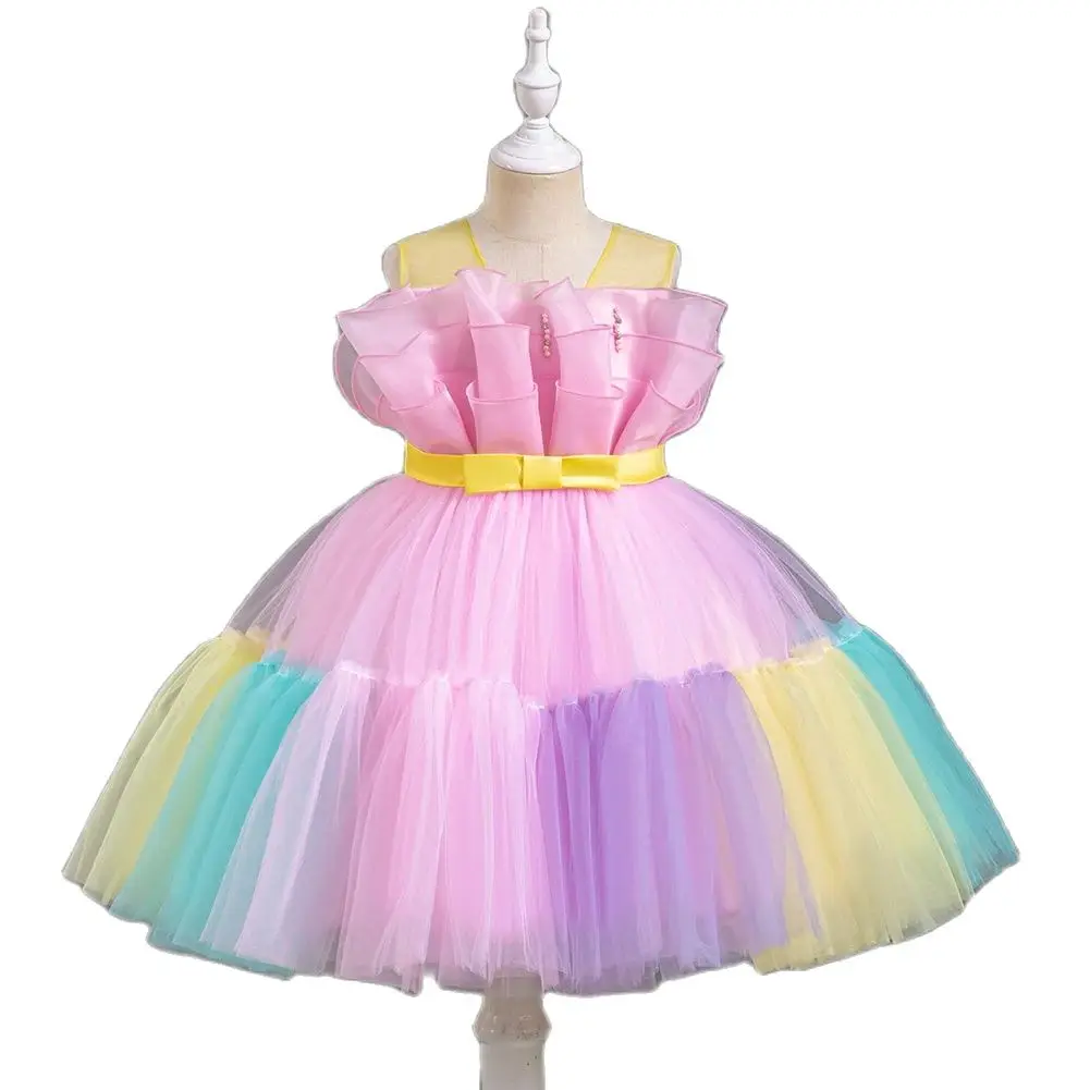 Pink Girl Multi-Color Mesh Princess Dress with Bowtie Birthday Dinner Wear for 2 to 10 Years Child Performance Fluffy Dress,