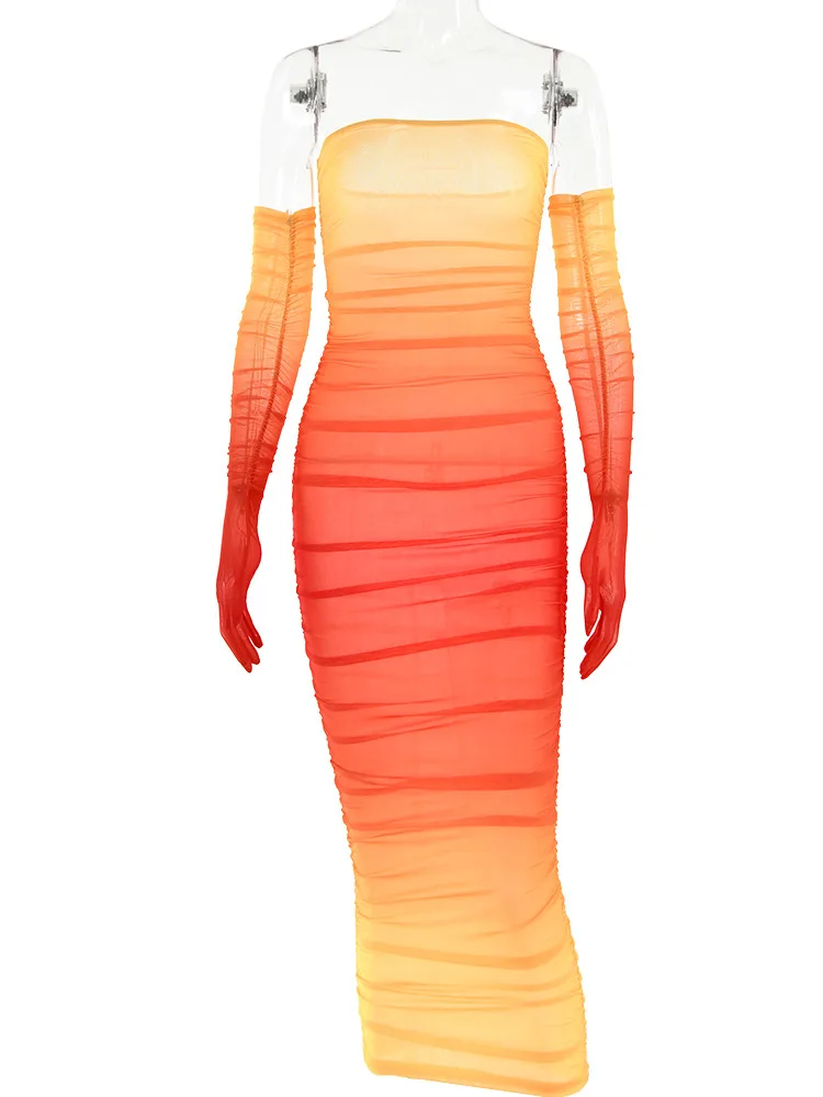 Articat-Vestido de Malha Gradiente Feminino, Bodycon Modificado, Sem Alças, Split, Dupla Camada, Midi, Festa Noturna, Clube