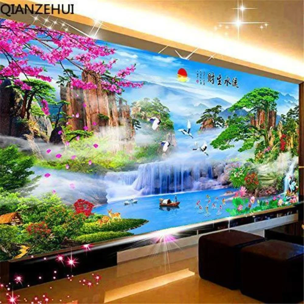 

DIY full Diamond Embroidery,Round Diamond 5D Landscape Fortune Flowing Water Living room decoration rhinestone Diamond painting